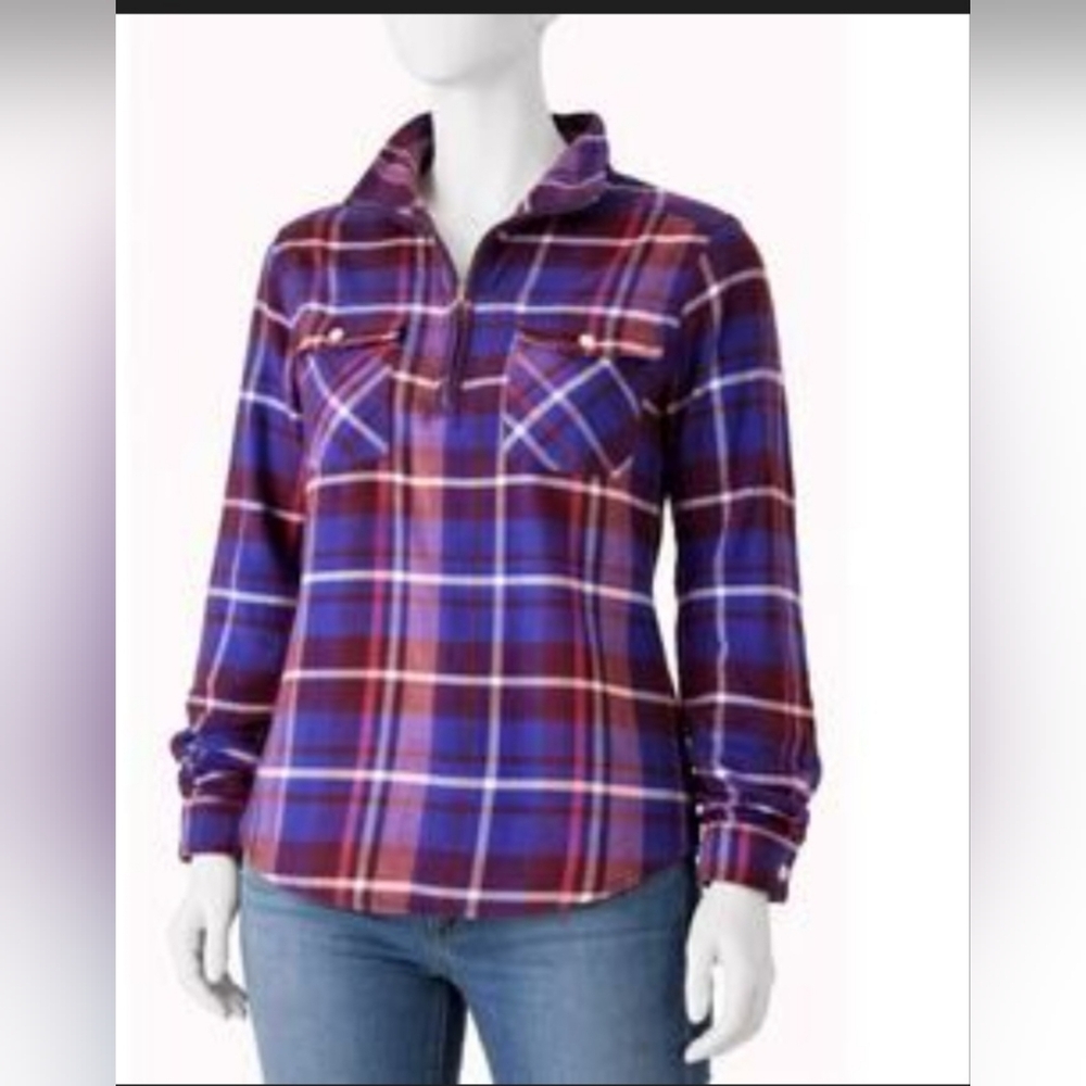 J.Crew Women's Cotton Shirt Size L Plaid Half Zip Pullover Purple Blue Pink #118